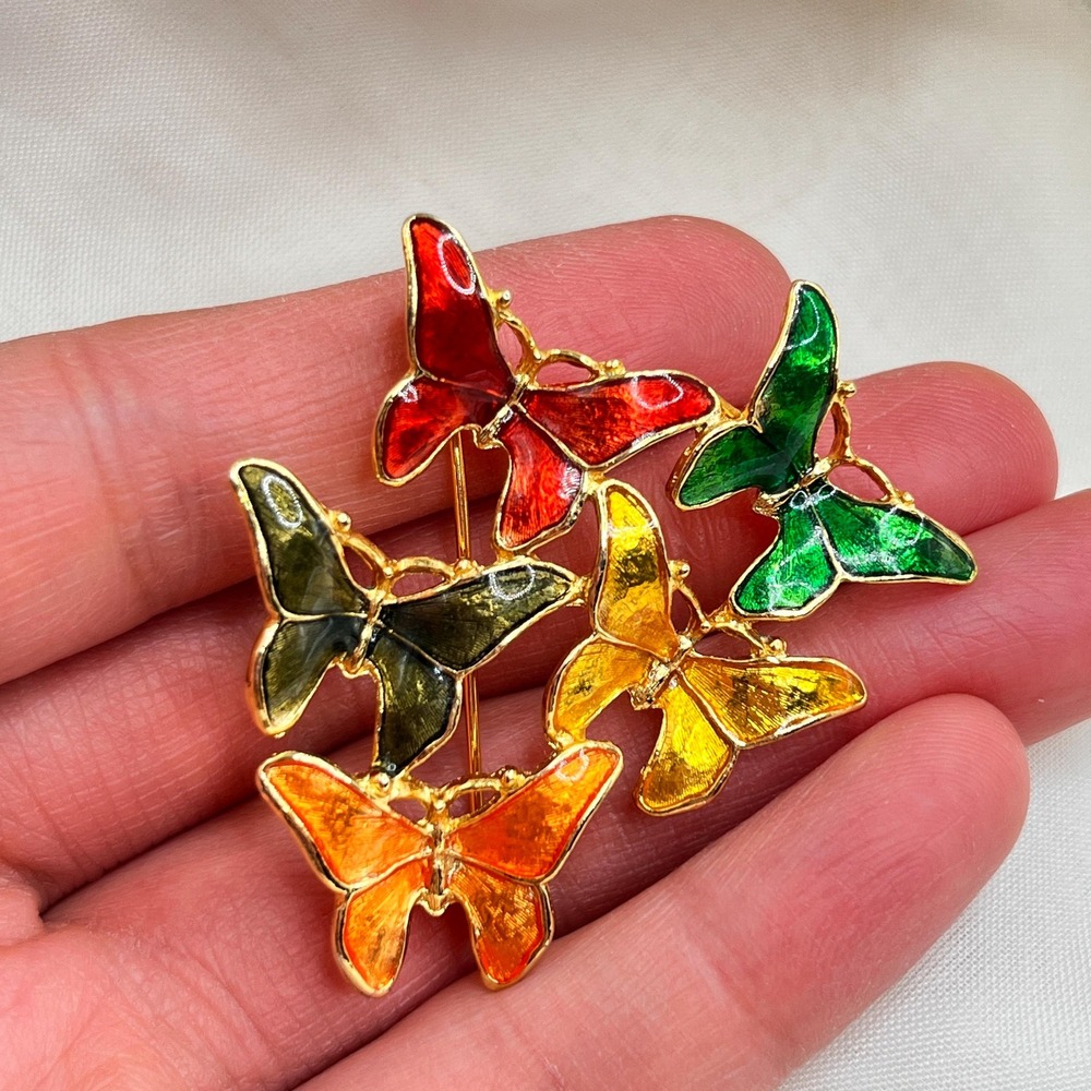 Vintage Jewelry Autumn Tone Enamel Butterflies Gold Tone Brooch